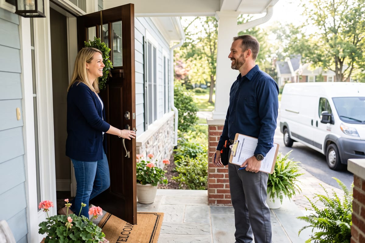 Homeowner greeting a contractor at the front door for a scheduled appointment