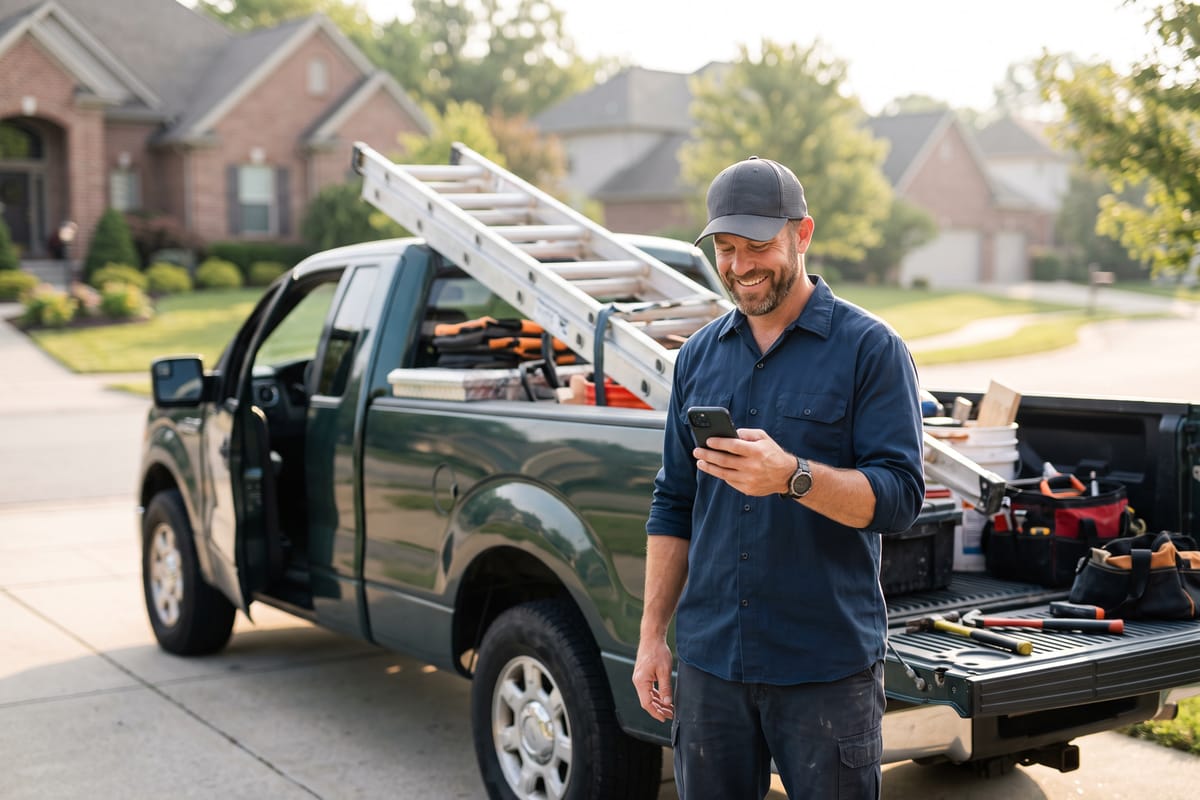 Contractor by his work truck reading a new lead notification on his phone