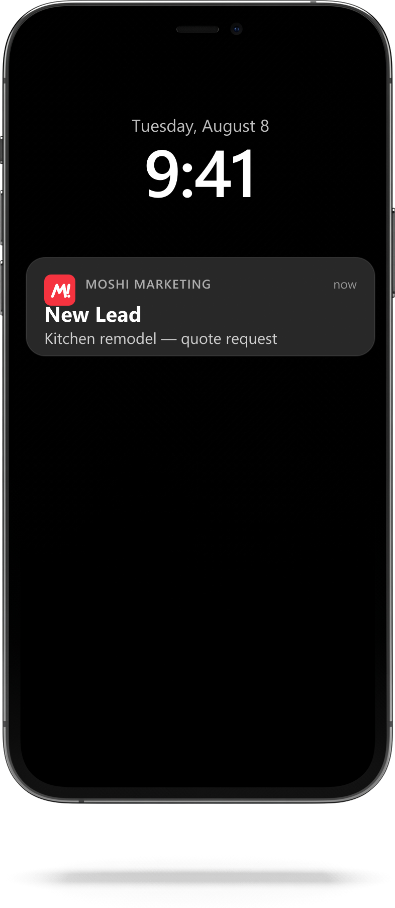 Phone showing a New Lead notification from Moshi Marketing for a kitchen remodel quote request