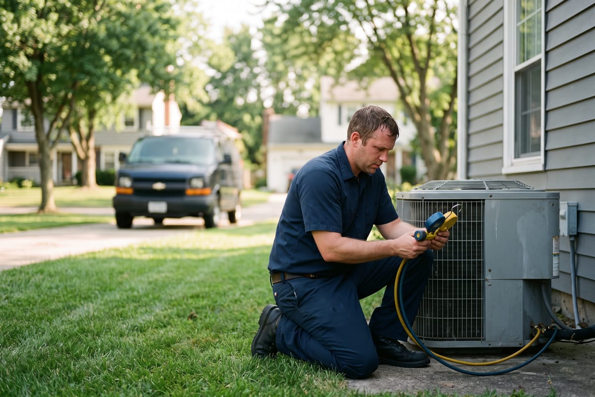 HVAC technician checking gauges on an outdoor air conditioning unit
