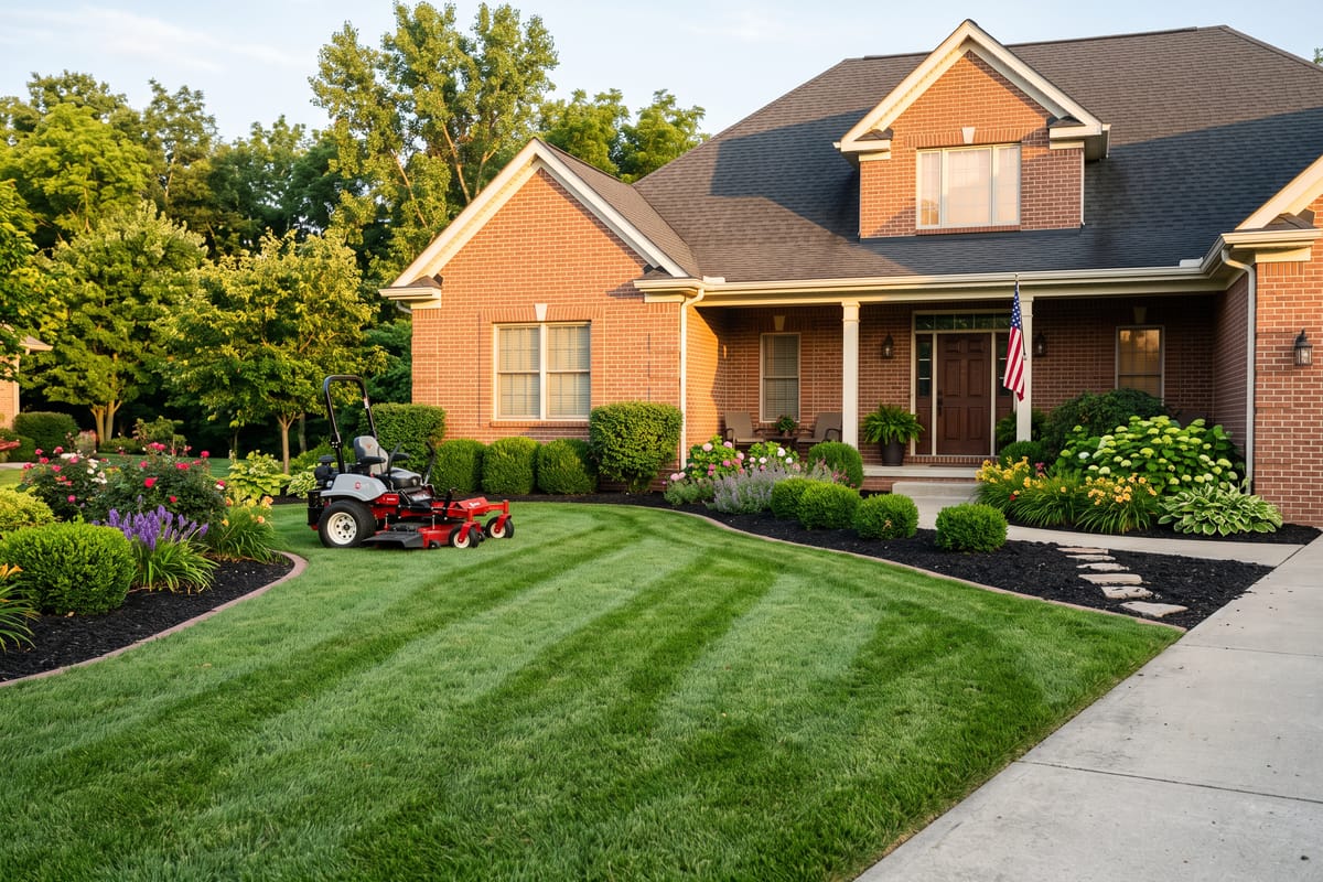 Landscaper mowing clean stripes into a suburban front lawn