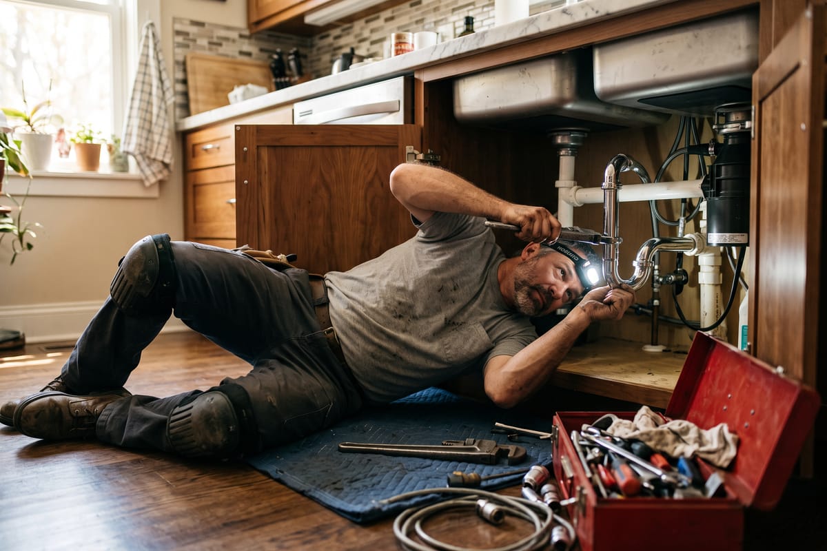Plumber repairing a pipe fitting under a kitchen sink