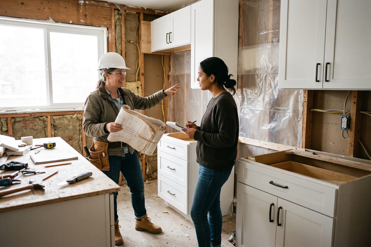 Contractor reviewing plans with a homeowner in a kitchen under renovation