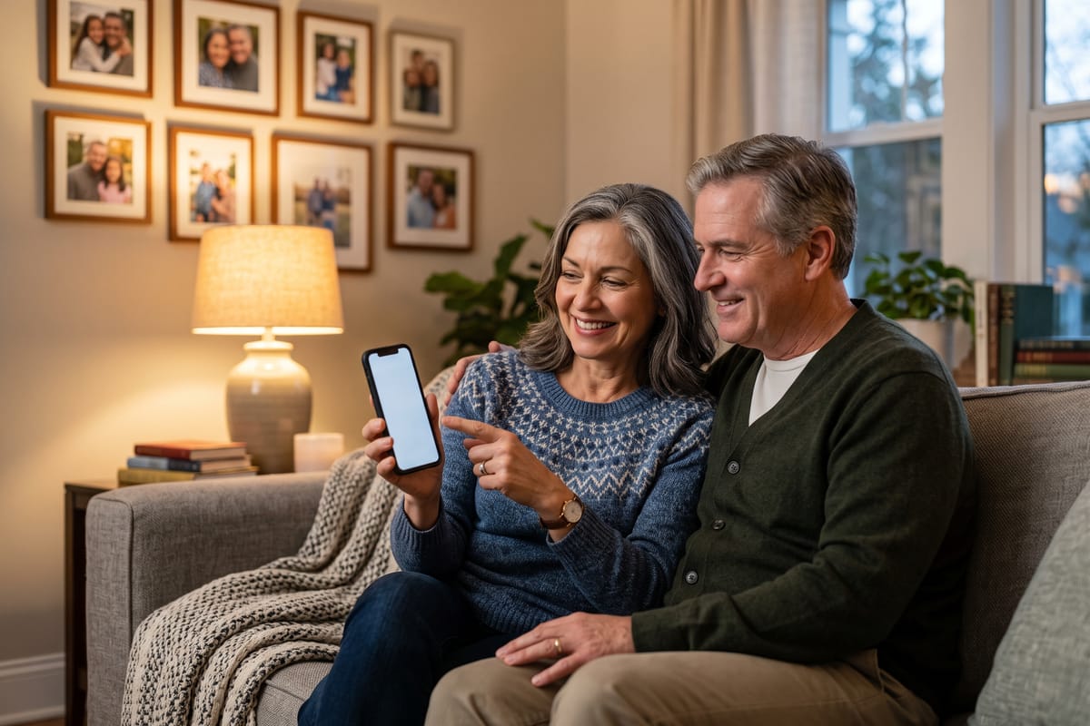 Homeowners sitting on their couch in the evening looking at a phone together