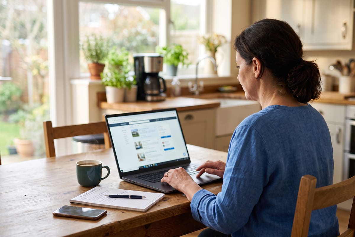 Homeowner at a kitchen table researching a contractor on a laptop
